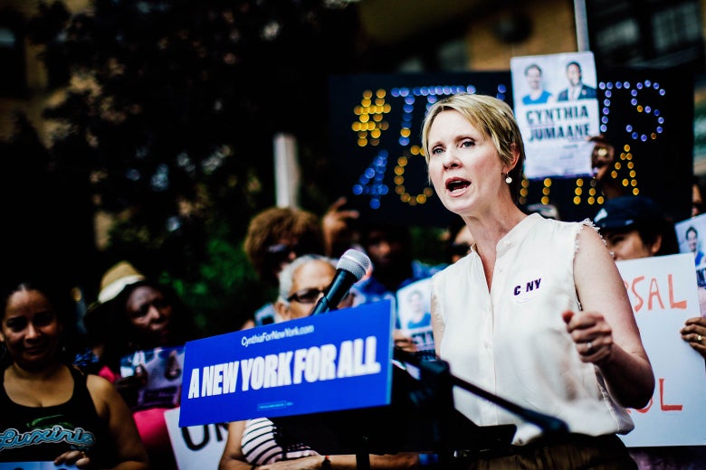 Democratic gubernatorial candidate Cynthia Nixon speaks to attendees during a rally for universal rent control on August 16, 2018 in New York City.